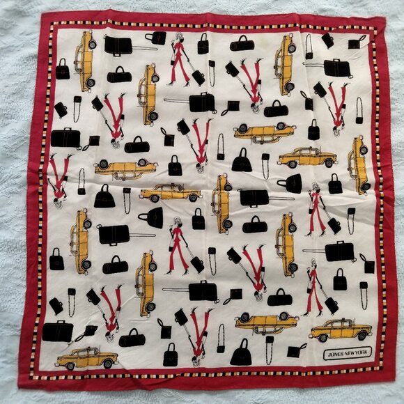 Jones New York Accessories - VTG JONES NEW YORK Red & White Square 20" Scarf w/ Yellow Taxi Travel Print